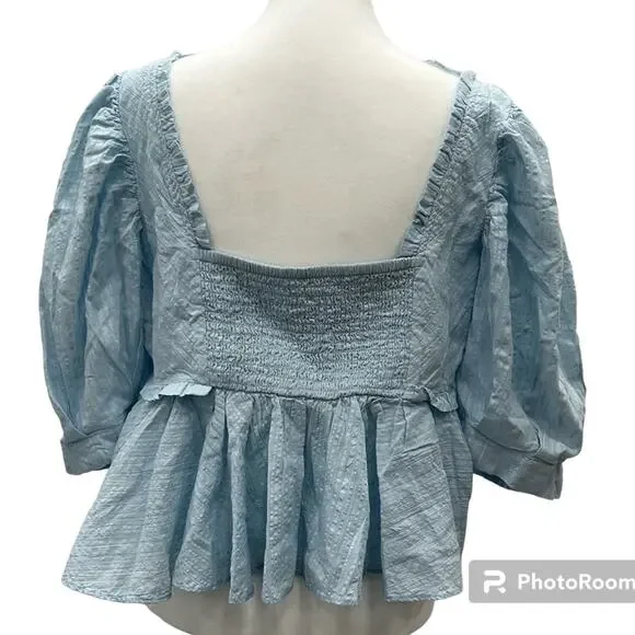 Free People Size Large Leave It To Me Powdered Blue Top Smocked Puff Sleeve NWOT - Picture 3 of 11